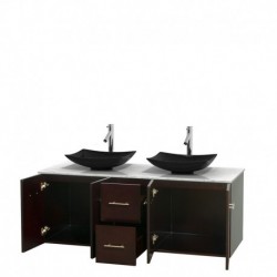 60 inch Double Bathroom Vanity in Espresso, White Carrera Marble Countertop, Arista Black Granite Sinks, and No Mirror