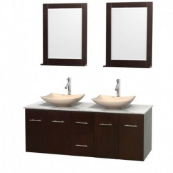 60 inch Double Bathroom Vanity in Espresso, White Carrera Marble Countertop, Arista Ivory Marble Sinks, and 24 inch Mirrors