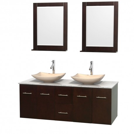 60 inch Double Bathroom Vanity in Espresso, White Carrera Marble Countertop, Arista Ivory Marble Sinks, and 24 inch Mirrors