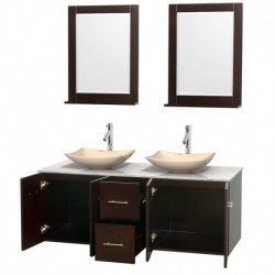 60 inch Double Bathroom Vanity in Espresso, White Carrera Marble Countertop, Arista Ivory Marble Sinks, and 24 inch Mirrors