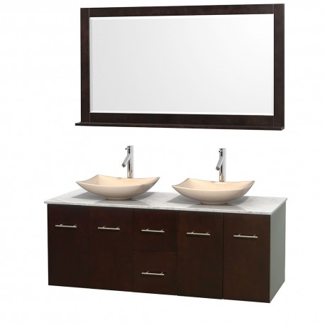 60 inch Double Bathroom Vanity in Espresso, White Carrera Marble Countertop, Arista Ivory Marble Sinks, and 58 inch Mirror