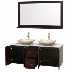 60 inch Double Bathroom Vanity in Espresso, White Carrera Marble Countertop, Arista Ivory Marble Sinks, and 58 inch Mirror