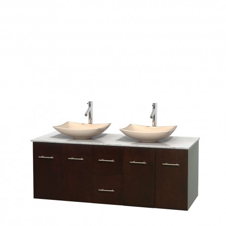 60 inch Double Bathroom Vanity in Espresso, White Carrera Marble Countertop, Arista Ivory Marble Sinks, and No Mirror