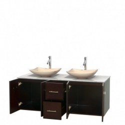 60 inch Double Bathroom Vanity in Espresso, White Carrera Marble Countertop, Arista Ivory Marble Sinks, and No Mirror