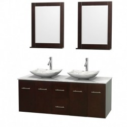 60 inch Double Bathroom Vanity in Espresso, White Carrera Marble Countertop, Arista White Carrera Marble Sinks, and 24 inch Mir