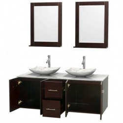 60 inch Double Bathroom Vanity in Espresso, White Carrera Marble Countertop, Arista White Carrera Marble Sinks, and 24 inch Mir