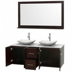60 inch Double Bathroom Vanity in Espresso, White Carrera Marble Countertop, Arista White Carrera Marble Sinks, and 58 inch Mir
