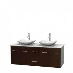 60 inch Double Bathroom Vanity in Espresso, White Carrera Marble Countertop, Arista White Carrera Marble Sinks, and No Mirror