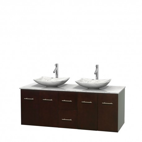 60 inch Double Bathroom Vanity in Espresso, White Carrera Marble Countertop, Arista White Carrera Marble Sinks, and No Mirror