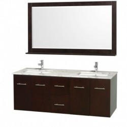60 inch Double Bathroom Vanity in Espresso, White Carrera Marble Countertop, Square Porcelain Undermount Sinks, and 58 inch Mir