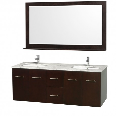 60 inch Double Bathroom Vanity in Espresso, White Carrera Marble Countertop, Square Porcelain Undermount Sinks, and 58 inch Mir