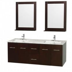60 inch Double Bathroom Vanity in Espresso, White Carrera Marble Countertop, Undermount Square Sink, and 24 inch Mirrors