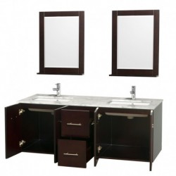 60 inch Double Bathroom Vanity in Espresso, White Carrera Marble Countertop, Undermount Square Sink, and 24 inch Mirrors