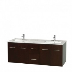 60 inch Double Bathroom Vanity in Espresso, White Carrera Marble Countertop, Undermount Square Sinks, and No Mirror