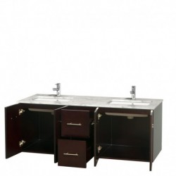 60 inch Double Bathroom Vanity in Espresso, White Carrera Marble Countertop, Undermount Square Sinks, and No Mirror