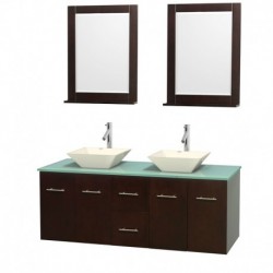 60 inch Double Bathroom Vanity in Espresso, Green Glass Countertop, Pyra Bone Porcelain Sinks, and 24 inch Mirrors
