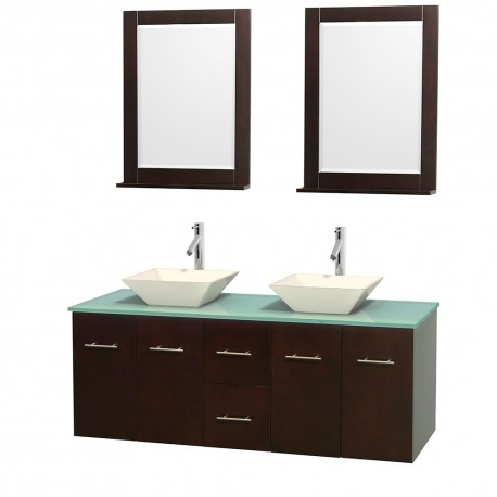 60 inch Double Bathroom Vanity in Espresso, Green Glass Countertop, Pyra Bone Porcelain Sinks, and 24 inch Mirrors