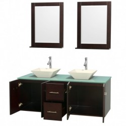 60 inch Double Bathroom Vanity in Espresso, Green Glass Countertop, Pyra Bone Porcelain Sinks, and 24 inch Mirrors