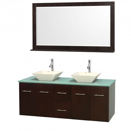 60 inch Double Bathroom Vanity in Espresso, Green Glass Countertop, Pyra Bone Porcelain Sinks, and 58 inch Mirror