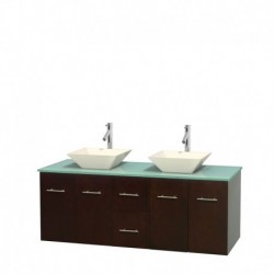 60 inch Double Bathroom Vanity in Espresso, Green Glass Countertop, Pyra Bone Porcelain Sinks, and No Mirror