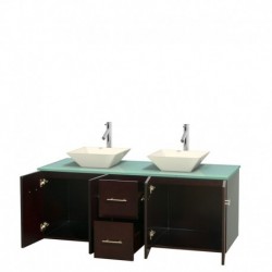 60 inch Double Bathroom Vanity in Espresso, Green Glass Countertop, Pyra Bone Porcelain Sinks, and No Mirror