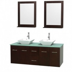 60 inch Double Bathroom Vanity in Espresso, Green Glass Countertop, Pyra White Porcelain Sinks, and 24 inch Mirrors