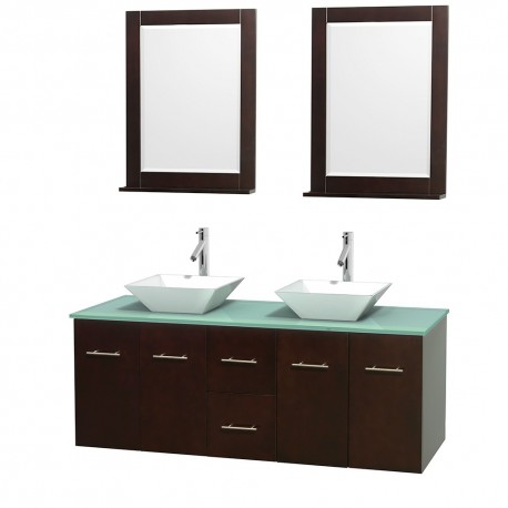 60 inch Double Bathroom Vanity in Espresso, Green Glass Countertop, Pyra White Porcelain Sinks, and 24 inch Mirrors