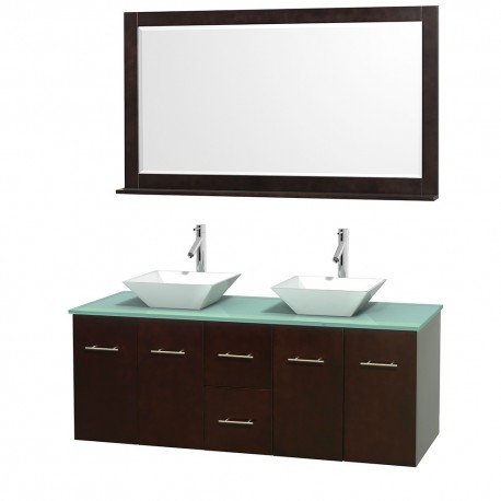 60 inch Double Bathroom Vanity in Espresso, Green Glass Countertop, Pyra White Porcelain Sinks, and 58 inch Mirror