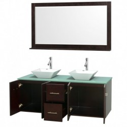 60 inch Double Bathroom Vanity in Espresso, Green Glass Countertop, Pyra White Porcelain Sinks, and 58 inch Mirror