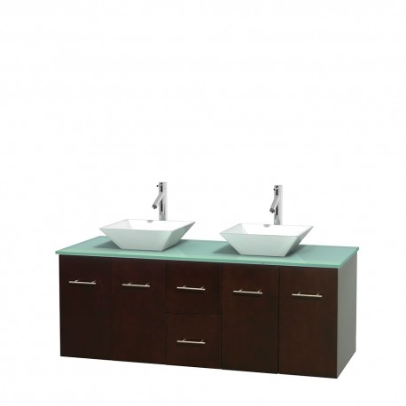 60 inch Double Bathroom Vanity in Espresso, Green Glass Countertop, Pyra White Porcelain Sinks, and No Mirror