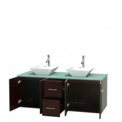60 inch Double Bathroom Vanity in Espresso, Green Glass Countertop, Pyra White Porcelain Sinks, and No Mirror