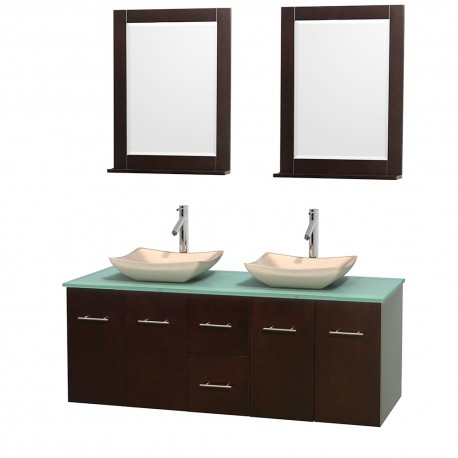 60 inch Double Bathroom Vanity in Espresso, Green Glass Countertop, Avalon Ivory Marble Sinks, and 24 inch Mirrors
