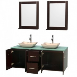 60 inch Double Bathroom Vanity in Espresso, Green Glass Countertop, Avalon Ivory Marble Sinks, and 24 inch Mirrors