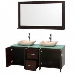 60 inch Double Bathroom Vanity in Espresso, Green Glass Countertop, Avalon Ivory Marble Sinks, and 58 inch Mirror