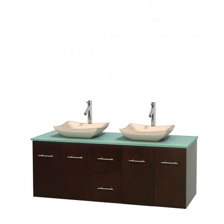 60 inch Double Bathroom Vanity in Espresso, Green Glass Countertop, Avalon Ivory Marble Sinks, and No Mirror