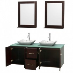 60 inch Double Bathroom Vanity in Espresso, Green Glass Countertop, Avalon White Carrera Marble Sinks, and 24 inch Mirrors