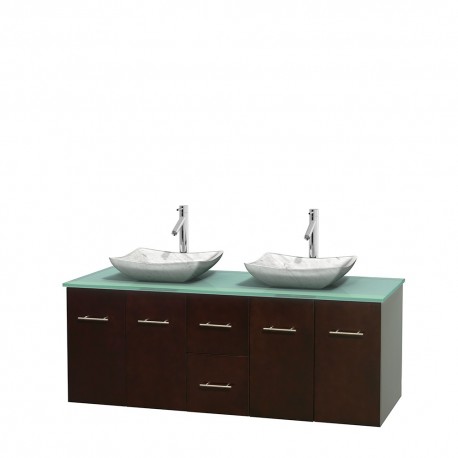 60 inch Double Bathroom Vanity in Espresso, Green Glass Countertop, Avalon White Carrera Marble Sinks, and No Mirror