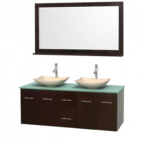 60 inch Double Bathroom Vanity in Espresso, Green Glass Countertop, Arista Ivory Marble Sinks, and 58 inch Mirror