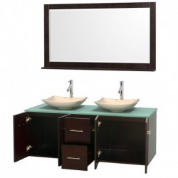 60 inch Double Bathroom Vanity in Espresso, Green Glass Countertop, Arista Ivory Marble Sinks, and 58 inch Mirror