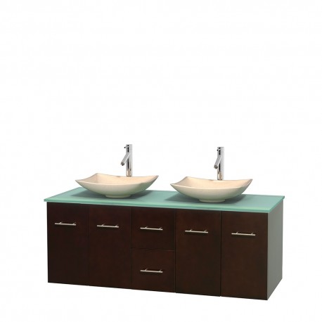 60 inch Double Bathroom Vanity in Espresso, Green Glass Countertop, Arista Ivory Marble Sinks, and No Mirror