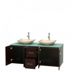 60 inch Double Bathroom Vanity in Espresso, Green Glass Countertop, Arista Ivory Marble Sinks, and No Mirror