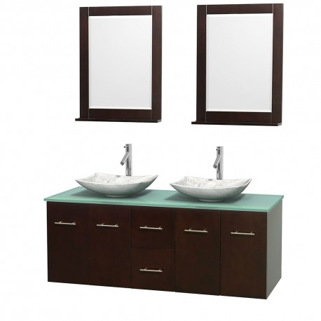 60 inch Double Bathroom Vanity in Espresso, Green Glass Countertop, Arista White Carrera Marble Sinks, and 24 inch Mirrors