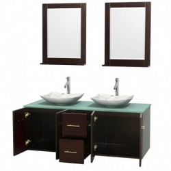 60 inch Double Bathroom Vanity in Espresso, Green Glass Countertop, Arista White Carrera Marble Sinks, and 24 inch Mirrors