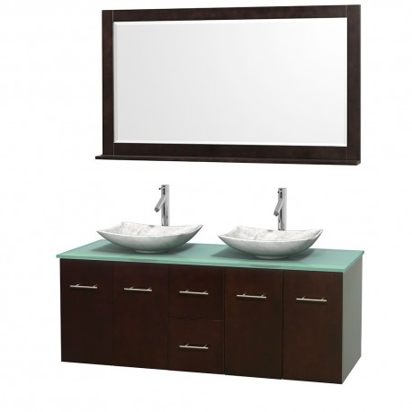 60 inch Double Bathroom Vanity in Espresso, Green Glass Countertop, Arista White Carrera Marble Sinks, and 58 inch Mirror