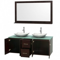 60 inch Double Bathroom Vanity in Espresso, Green Glass Countertop, Arista White Carrera Marble Sinks, and 58 inch Mirror