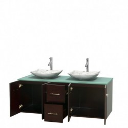 60 inch Double Bathroom Vanity in Espresso, Green Glass Countertop, Arista White Carrera Marble Sinks, and No Mirror