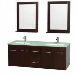 60 inch Double Bathroom Vanity in Espresso, Green Glass Countertop, Undermount Square Sink, and 24 inch Mirrors