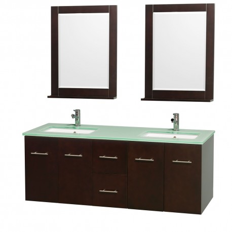 60 inch Double Bathroom Vanity in Espresso, Green Glass Countertop, Undermount Square Sink, and 24 inch Mirrors