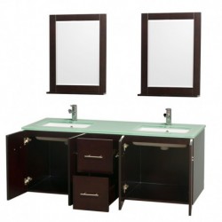 60 inch Double Bathroom Vanity in Espresso, Green Glass Countertop, Undermount Square Sink, and 24 inch Mirrors