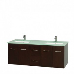 60 inch Double Bathroom Vanity in Espresso, Green Glass Countertop, Undermount Square Sinks, and No Mirror